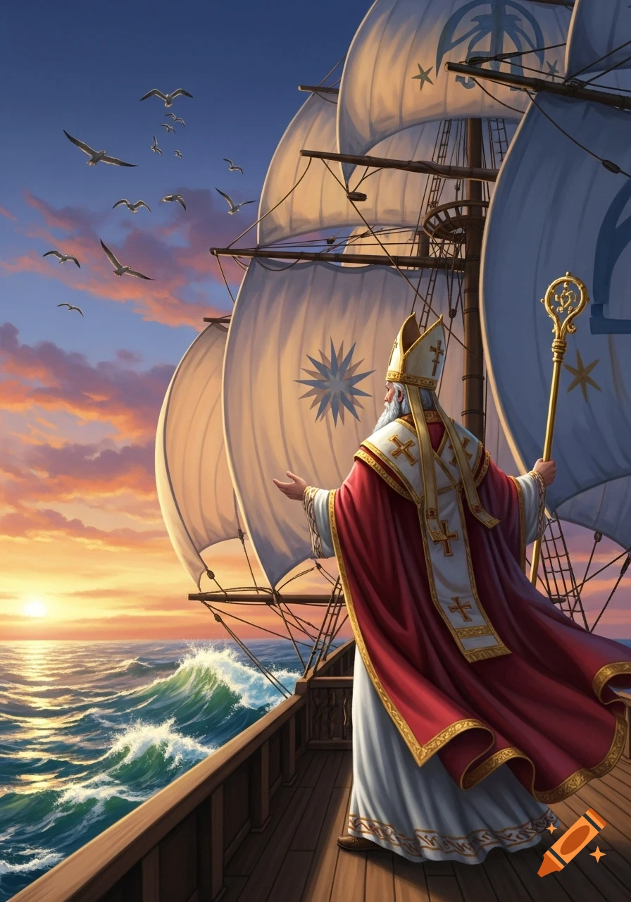 Saint Nicolas in bishop's attire on a sailing ship, gazing at a dramatic sunset over a turbulent ocean with seagulls.