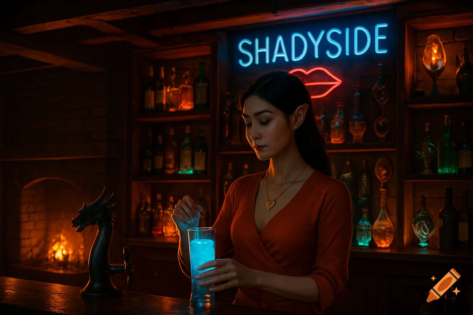 A barmaid with pointed ears makes an electric blue cocktail in a dimly lit bar with a 'SHADYSIDE' neon sign and a fireplace.