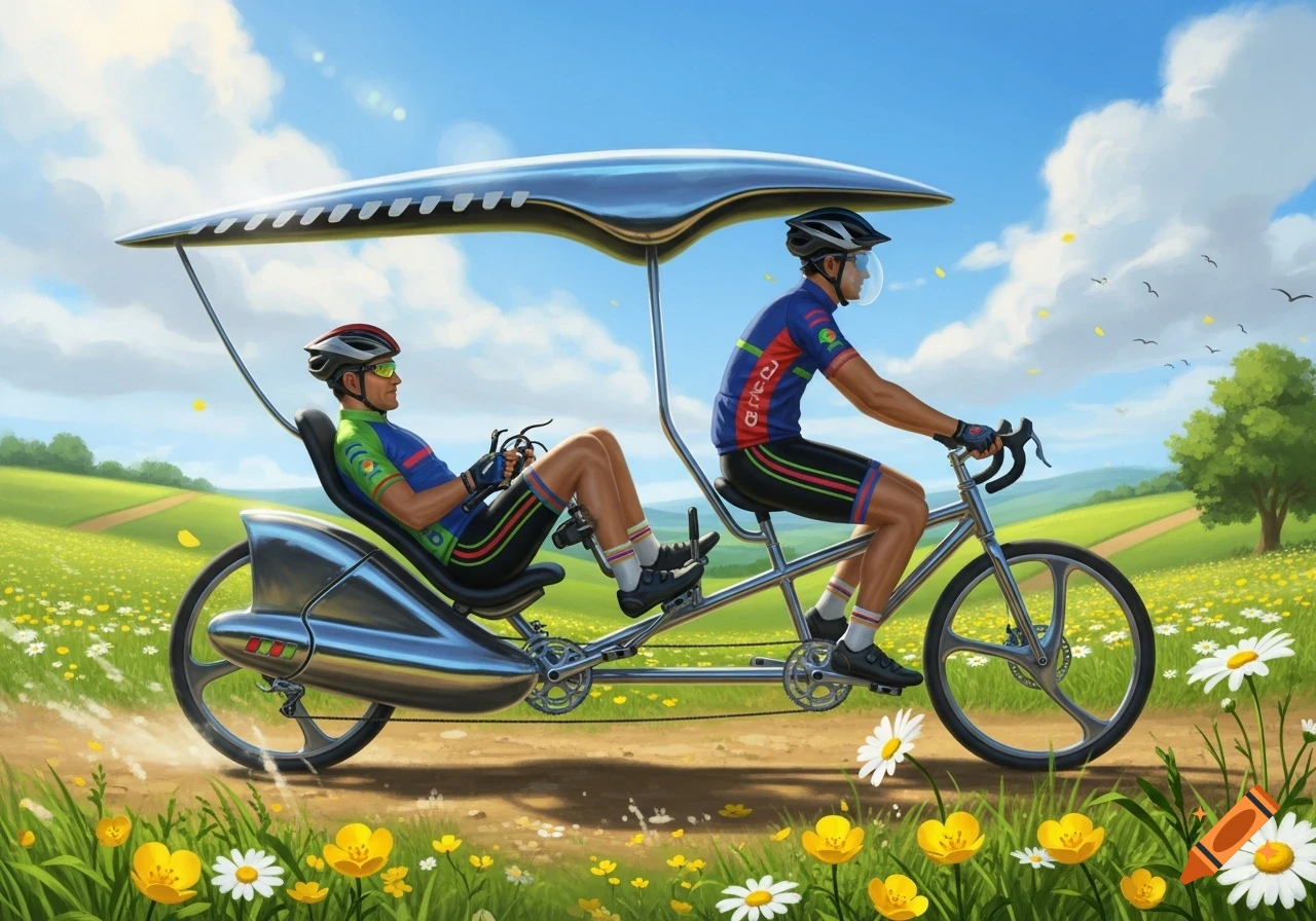 Two cyclists ride a futuristic recumbent tandem bicycle on a dirt path through a sunny green field filled with yellow and white flowers.