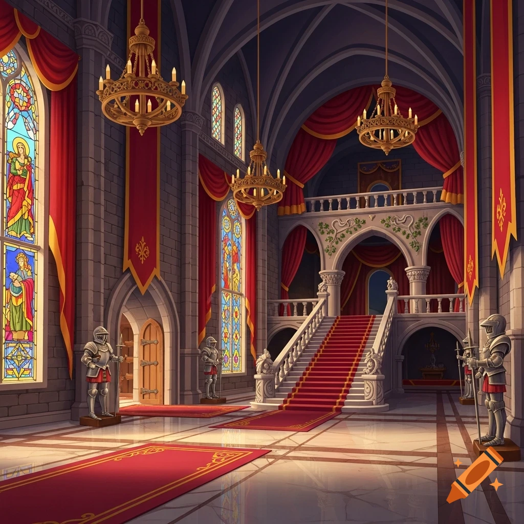 Grand, illustrative castle hall featuring a red carpeted staircase, stained glass windows, chandeliers, and armored statues.