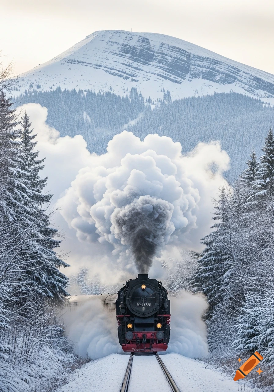 A black steam train emits smoke and steam as it travels down snowy tracks through a winter pine forest with a snow-capped mountain behind.