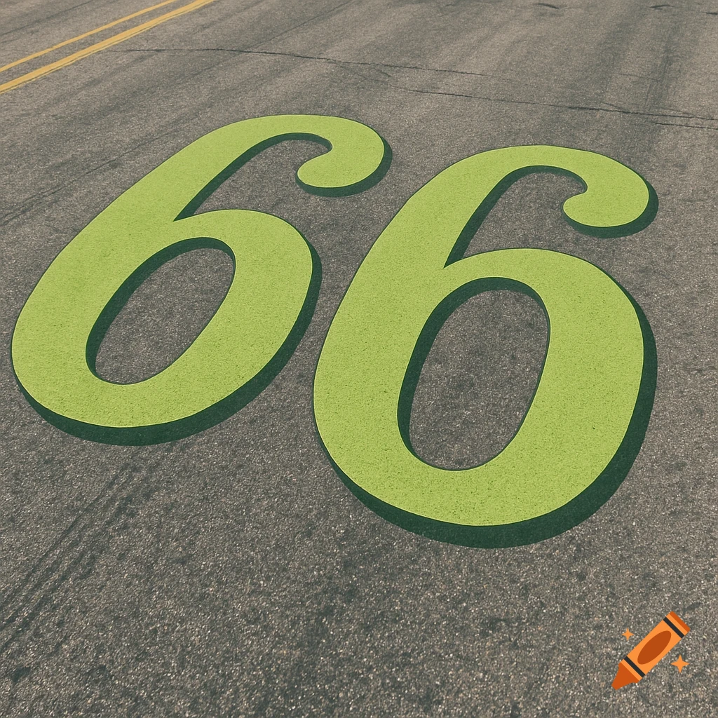 Lime green numbers '66' painted with a slight shadow on a textured grey asphalt road, with faint yellow double lines.