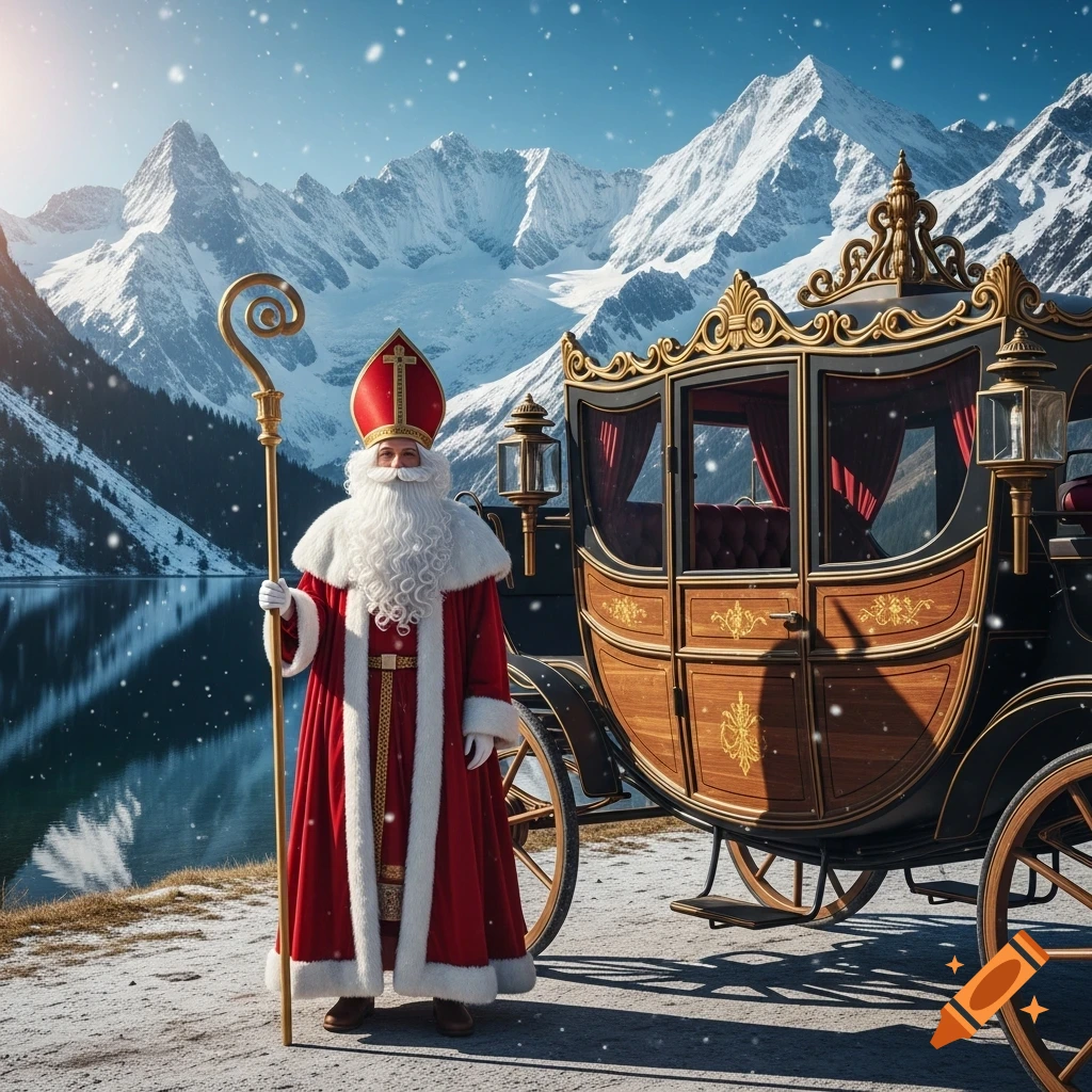 Sinterklaas in a red and white robe holds a golden staff, standing next to a vintage coach in a snowy mountain landscape with a reflective lake.