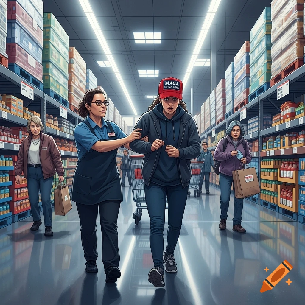 A store employee in a blue uniform gently leads a woman wearing a red MAGA hat through the aisle of a large warehouse store, while other shoppers are in the background.