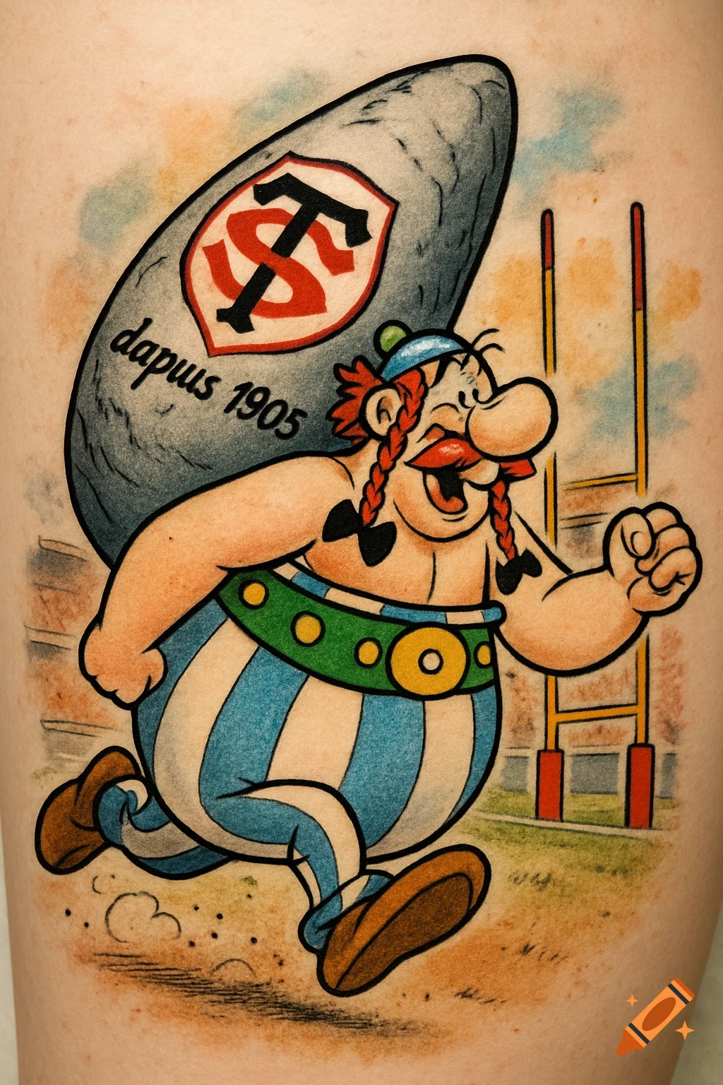 A cartoon tattoo of Obelix running with a menhir shaped like a rugby ball, featuring the Stade Toulousain logo and text, with rugby posts in the background.