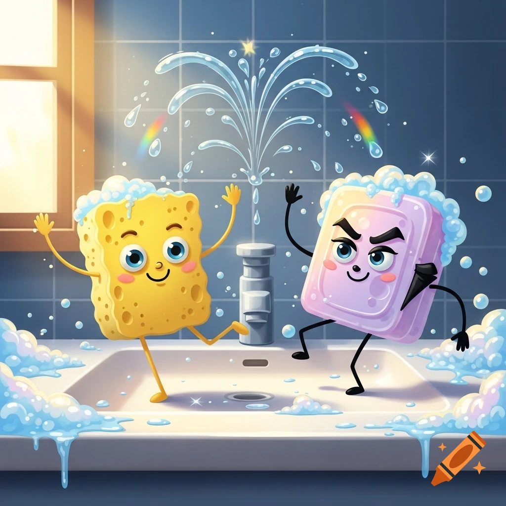 A cheerful yellow cartoon sponge and a light purple bar of soap, both with faces and limbs, dance happily in a foamy white sink with water splashing.
