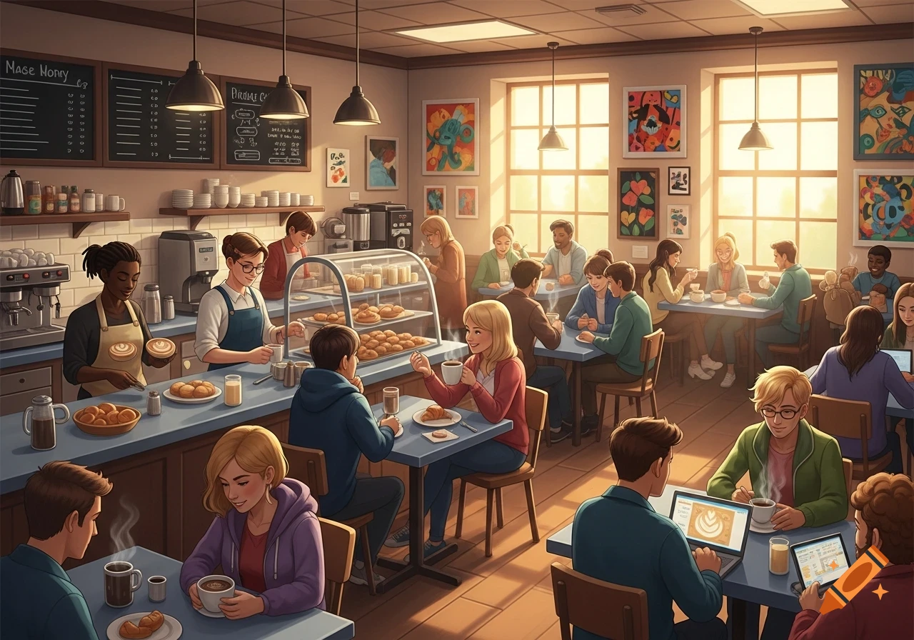 A vibrant, bustling cafeteria scene with diverse patrons eating, drinking, and working on laptops, while baristas serve at the counter.