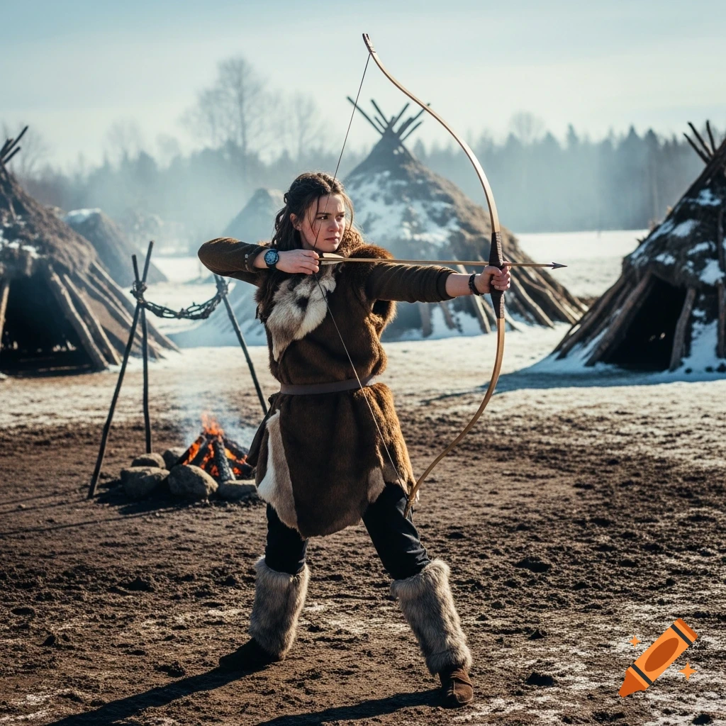 A young woman in fur clothing aims a bow and arrow in a prehistoric winter camp with huts and a fire.