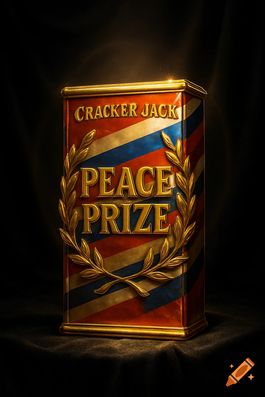 A decorative gold and red box, resembling a Cracker Jack box, stylized as a "Peace Prize" with a golden laurel wreath on a dark background.