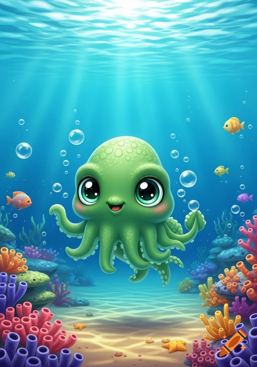 A cute, green cartoon octopus with large eyes smiles underwater amidst colorful coral reefs, fish, and bubbles.