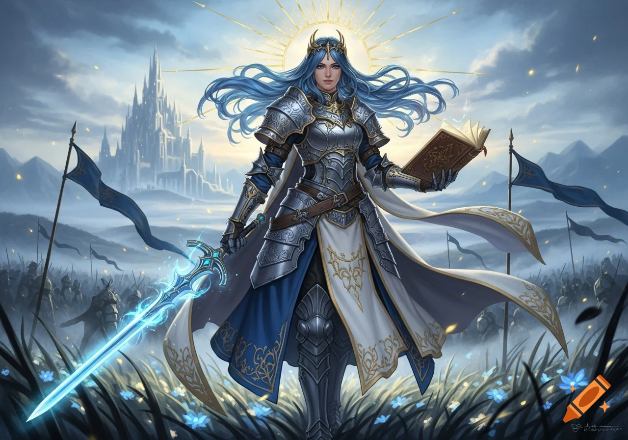 Blue-haired female knight in ornate silver armor holds a glowing sword and book, standing on a battlefield with a castle and soldiers in the background.