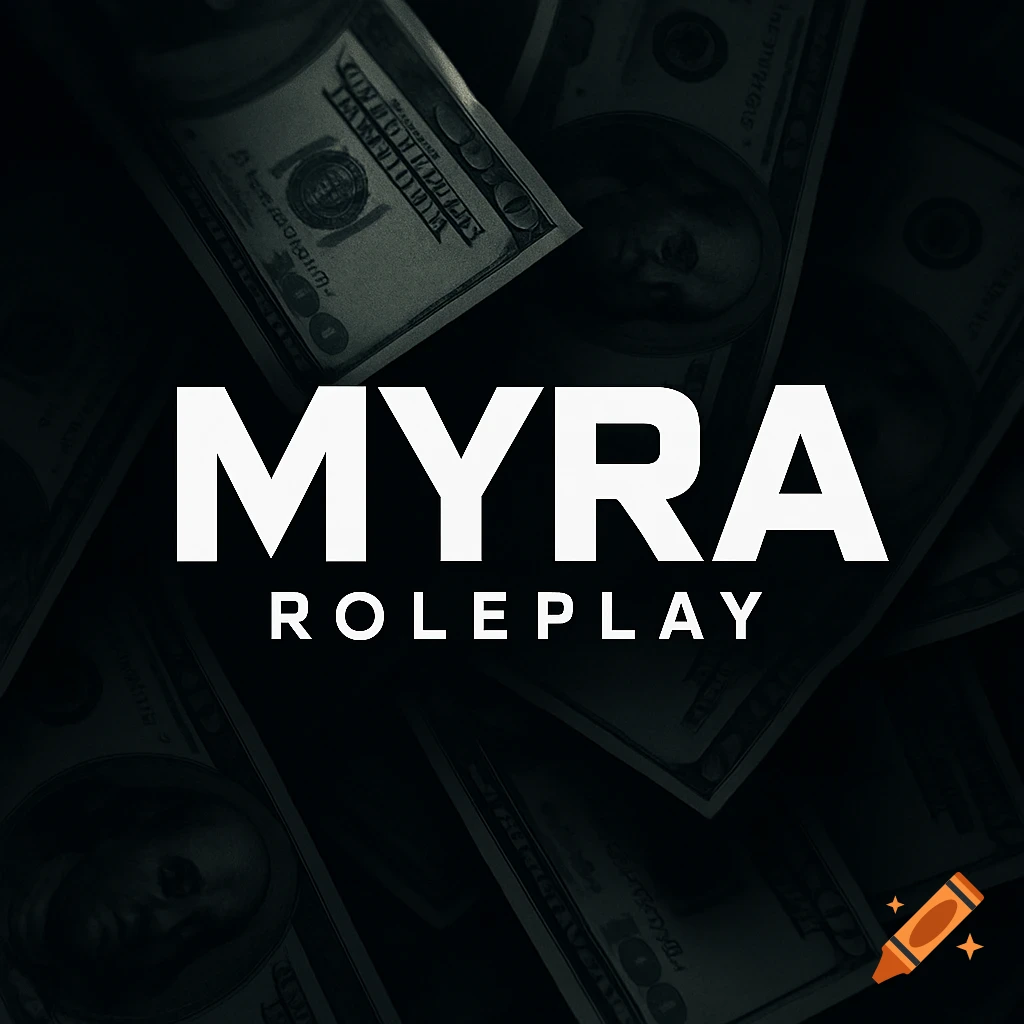 White 'MYRA ROLEPLAY' logo on a dark background of scattered stylized money bills, with a high-contrast, sleek look.
