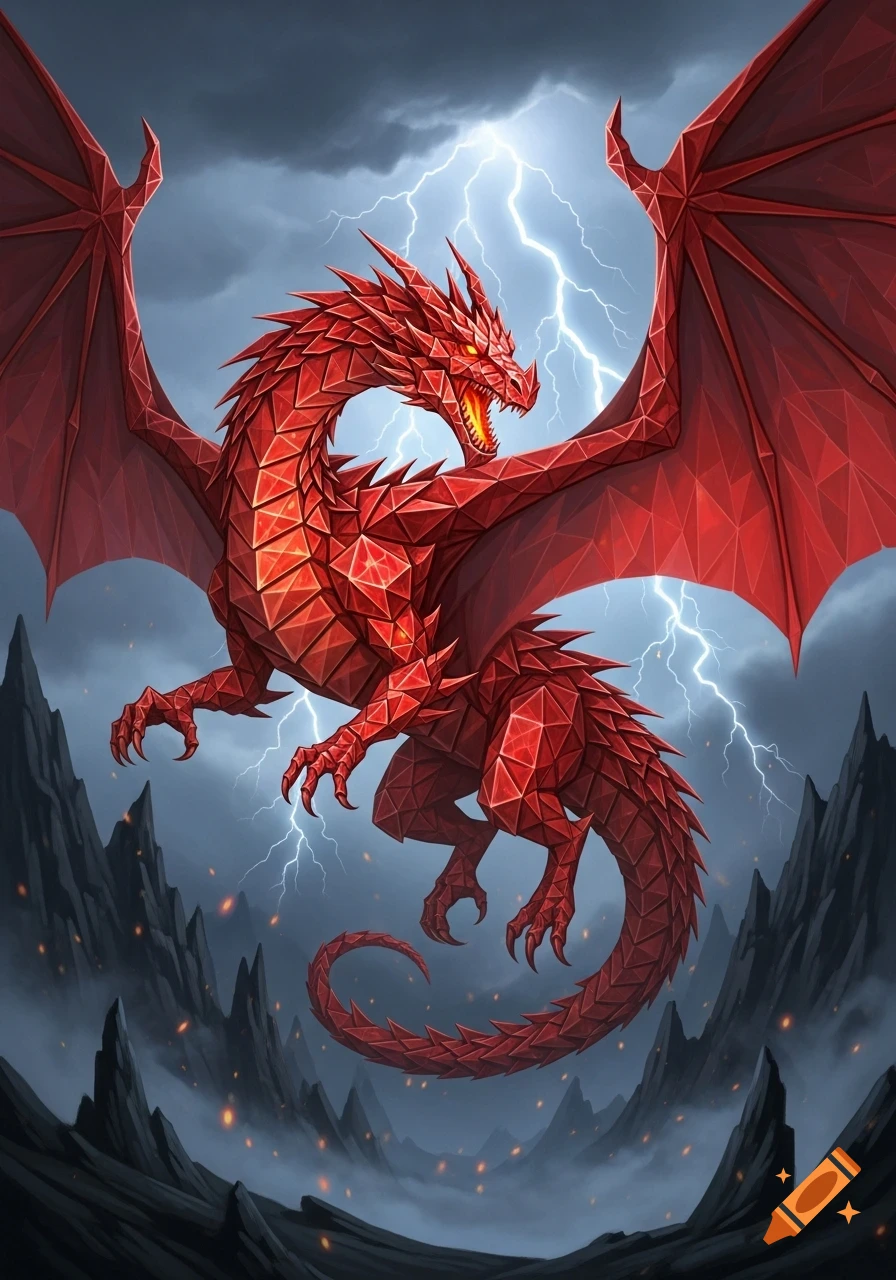 A majestic red dragon, with a body composed of sharp triangles, flies in a stormy sky with lightning bolts, over a dark, rocky landscape.