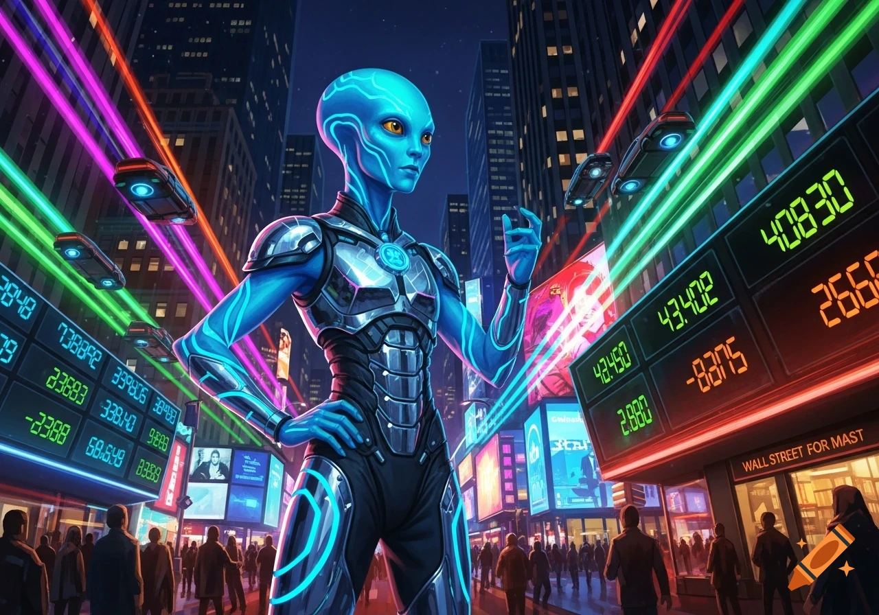 A blue alien in a futuristic armored suit stands in a neon-lit city at night, surrounded by glowing data screens and flying vehicles.