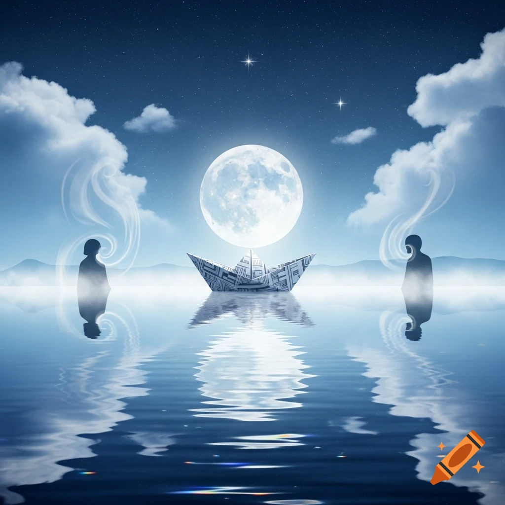 A surreal night scene with a large full moon, a patterned paper boat, and two ethereal silhouettes on calm water under a starry sky.