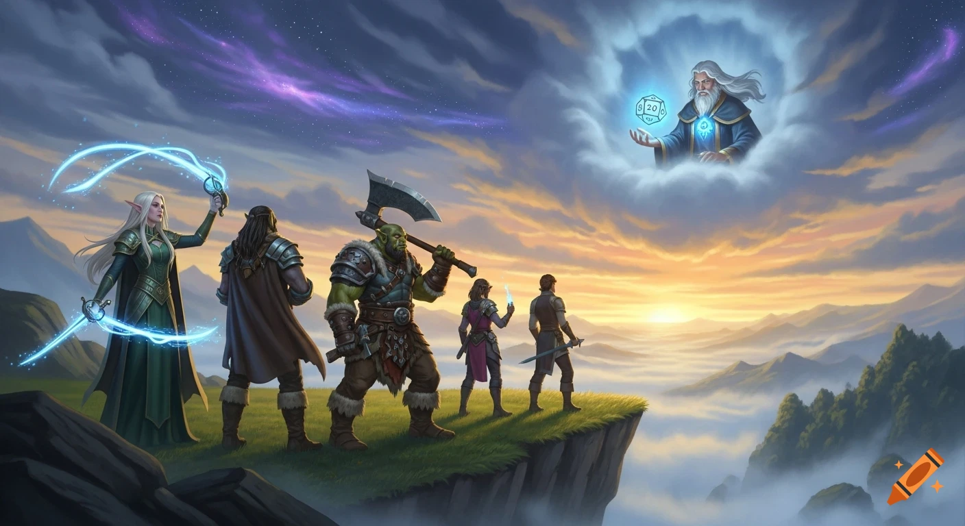 Epic fantasy digital painting of an adventuring party on a cliff overlooking a misty valley, with a wizard in the clouds holding a glowing d20 at sunset.