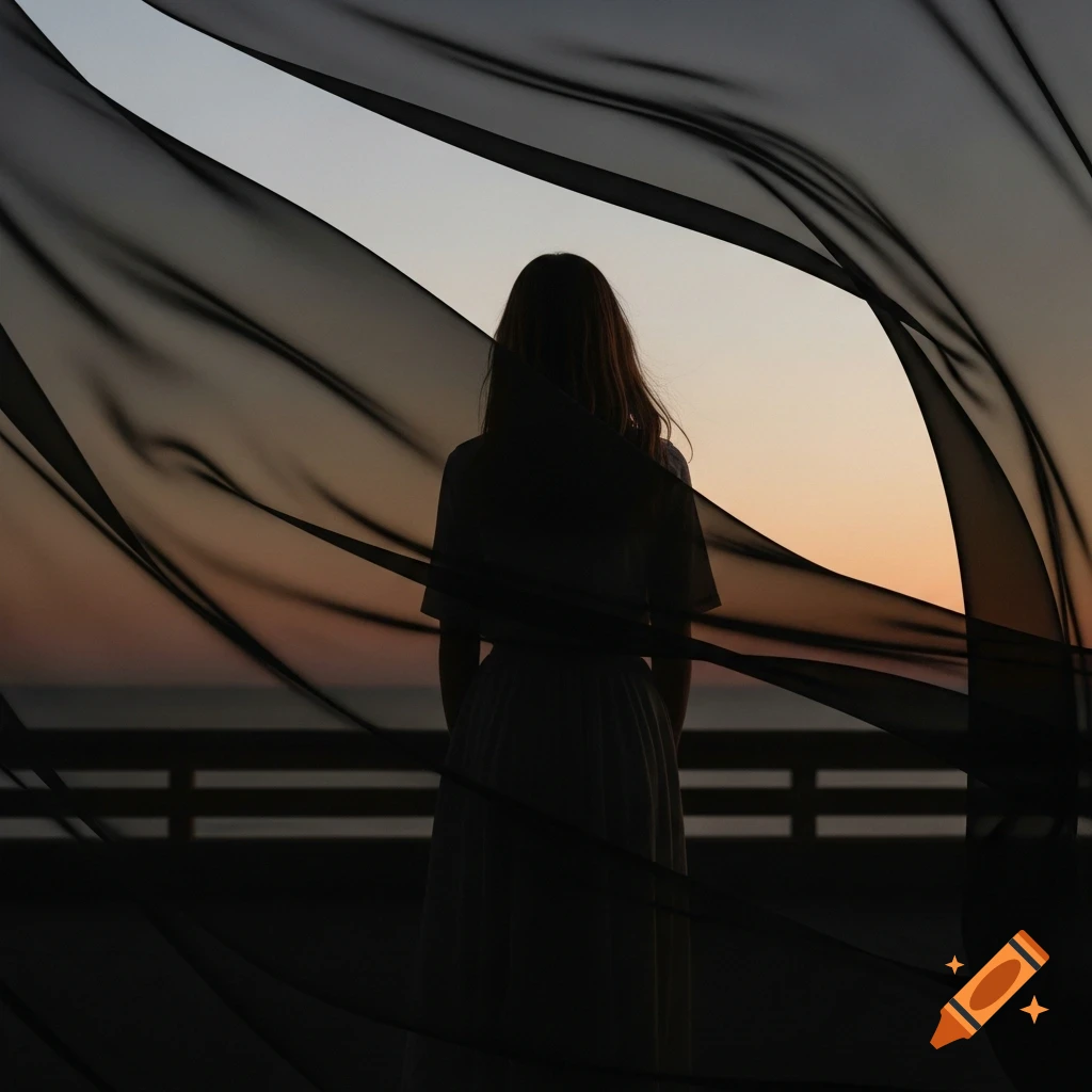 A silhouetted woman stands on a pier at sunset, enveloped by flowing black fabric.
