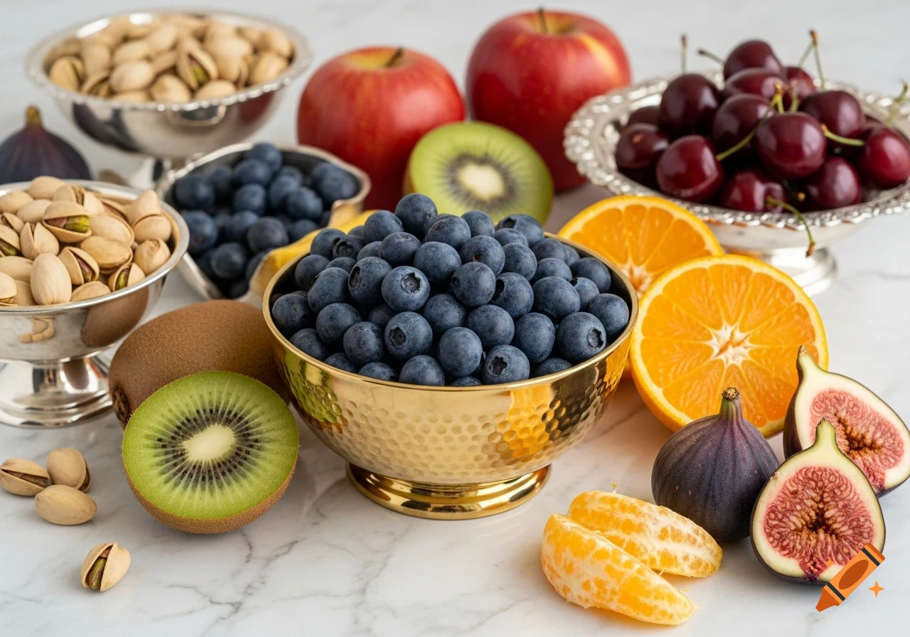 Blueberries in a gold bowl, pistachios in silver bowls, alongside apples, kiwis, oranges, figs, and cherries on marble.