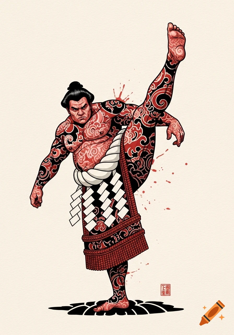 Stylized illustration of a heavily tattooed sumo wrestler lifting one leg high, against a plain background, in a stroke art style.