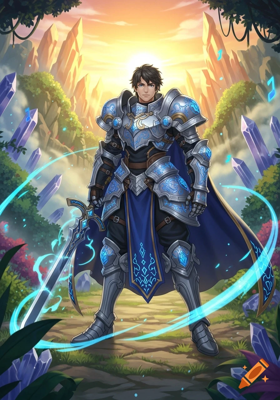 A male knight in ornate silver and blue armor with a glowing sword stands in a magical crystal forest with a bright sky.