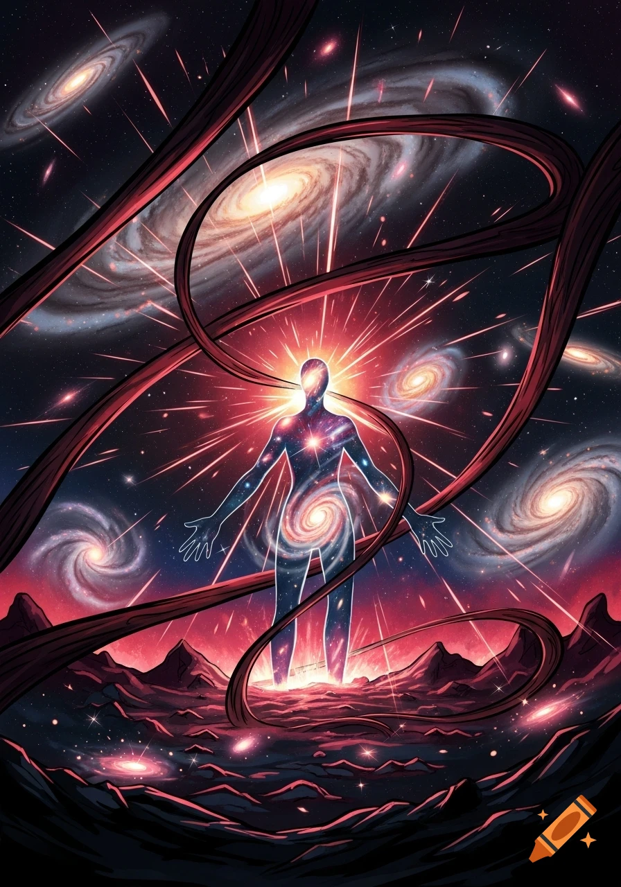 A glowing cosmic human silhouette stands on a red alien landscape, surrounded by galaxies and swirling red ribbons in a starry space.