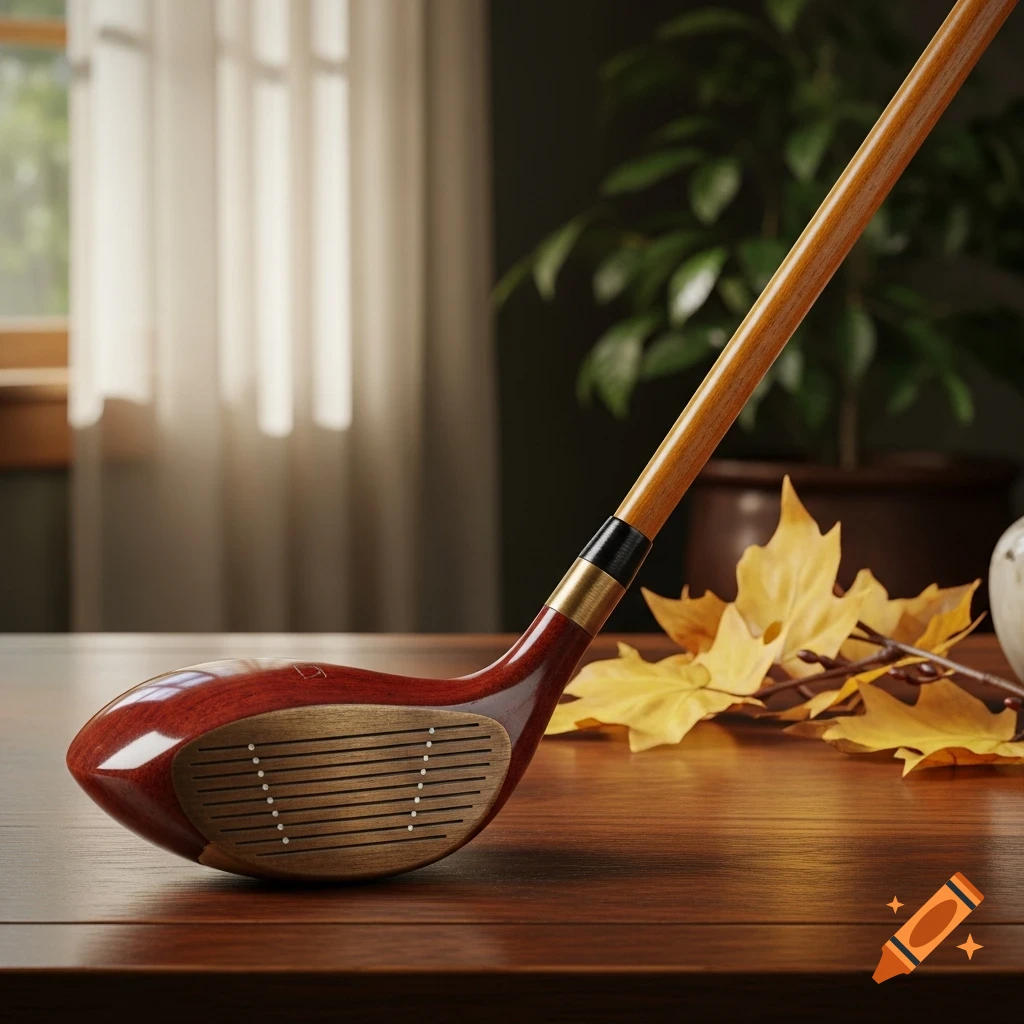 A close-up of a vintage wooden golf driver resting on a polished wooden table, with autumn leaves in the background.