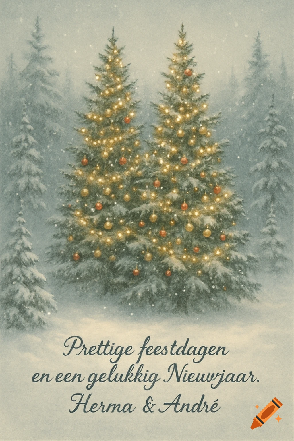 Two snow-covered Christmas trees decorated with lights and ornaments in a winter forest, with holiday greeting text.