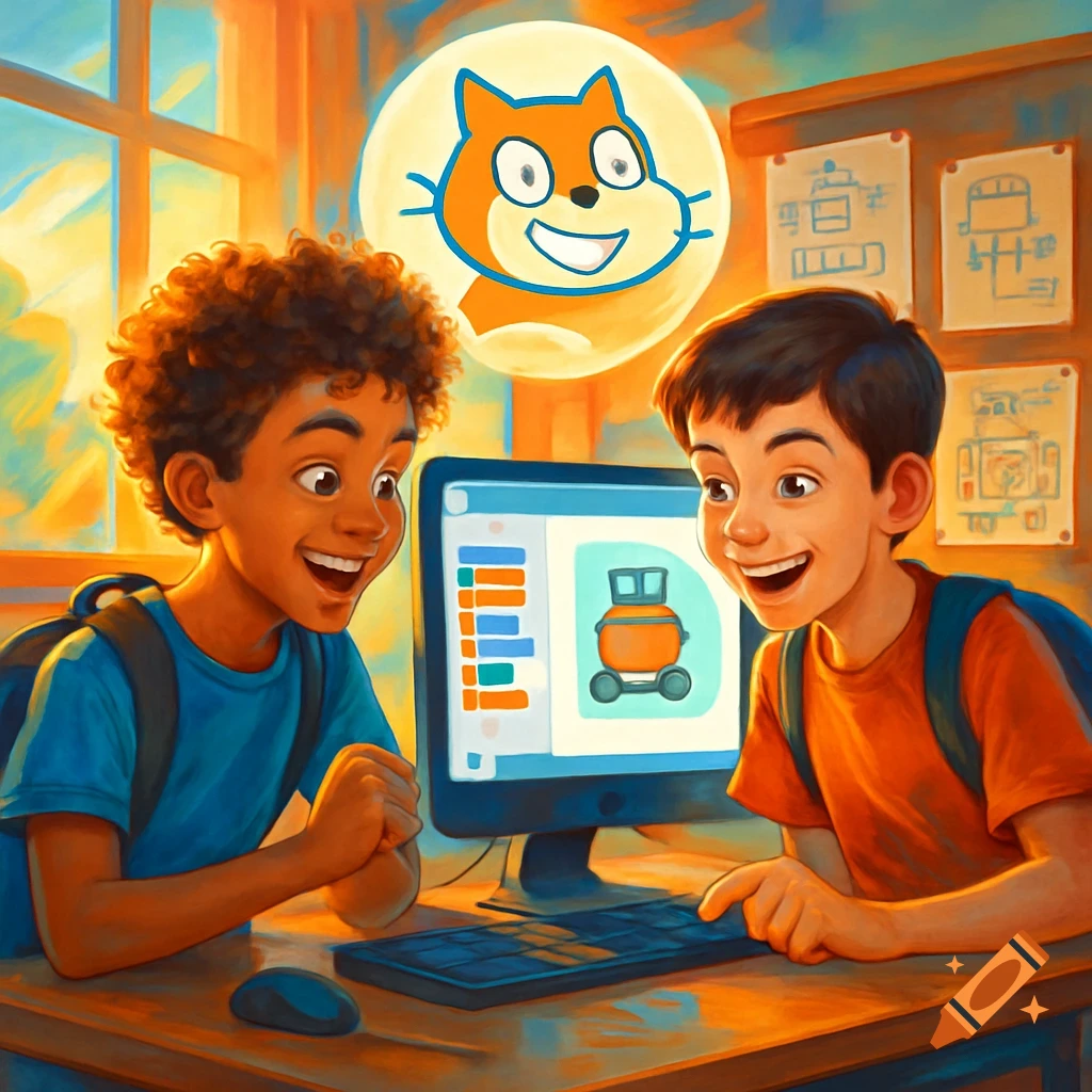 Two smiling boys wearing backpacks look at a computer screen showing a robotics program, with a Scratch cat logo thought bubble above them in a sunlit room.