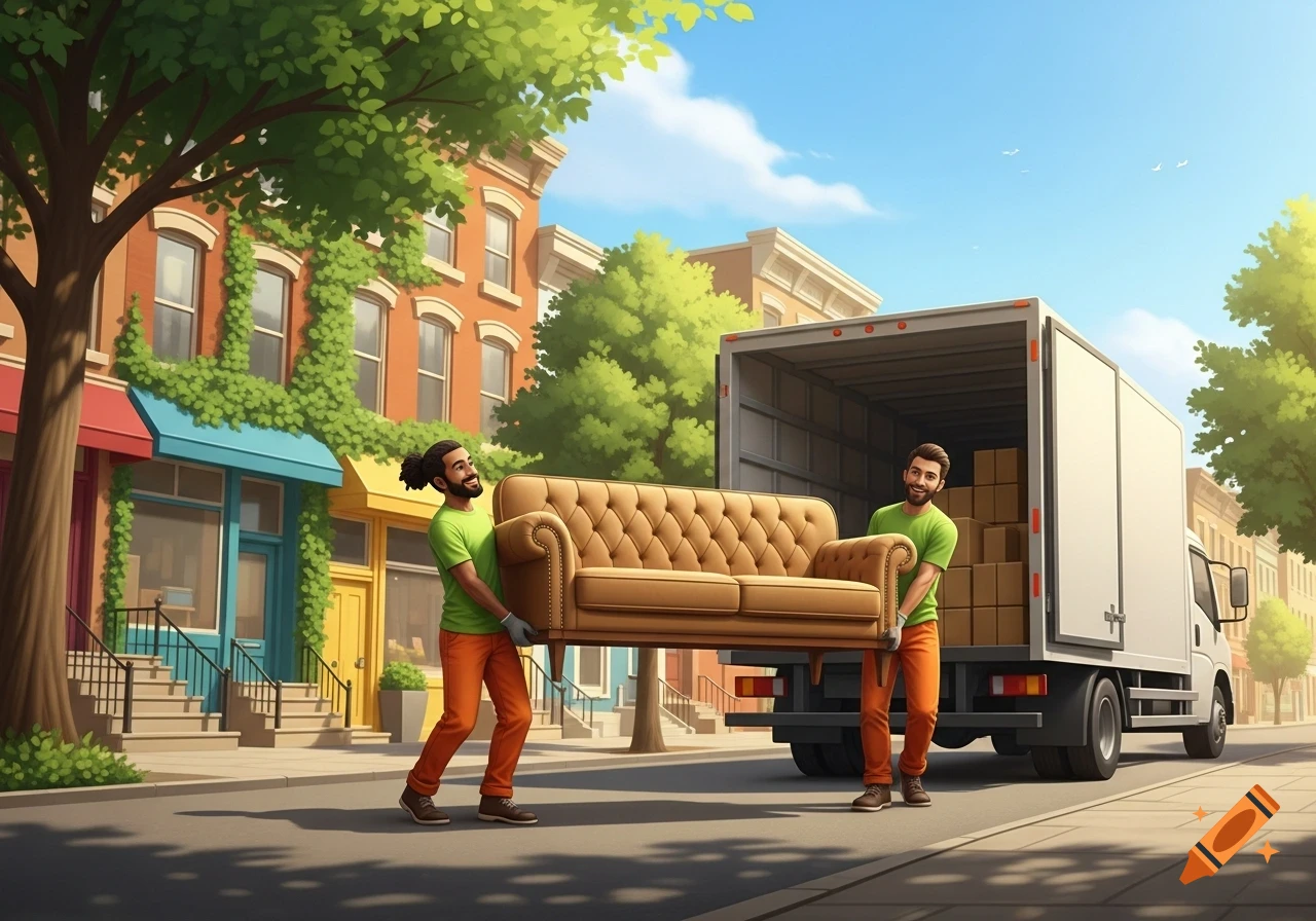 Two smiling men in green shirts and orange pants carry a brown sofa down a city street towards a moving truck, illustration.