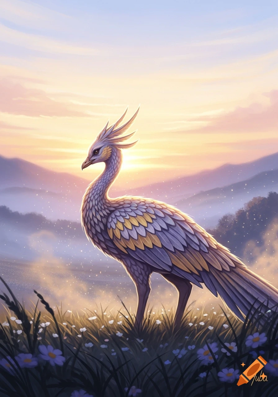A majestic, feathery fantasy bird with purple and gold scales stands in ...