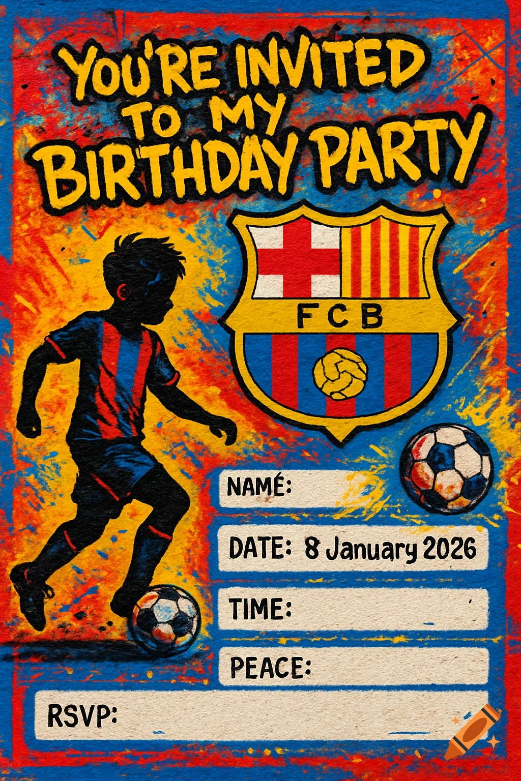 Birthday invitation card in street art style for a FC Barcelona fan, featuring a silhouetted boy, club logo, and footballs. Text fields for event details.