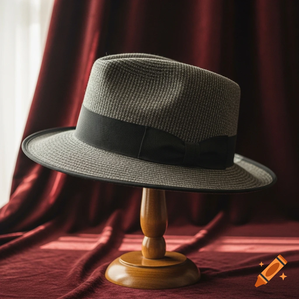 A grey fedora-style hat with a black band sits on a wooden stand against a red velvet curtain.