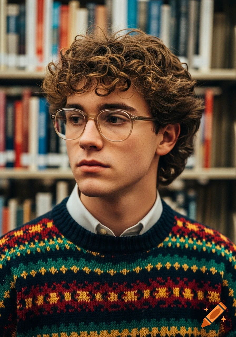 A young man with curly hair and glasses wearing a colorful sweater stands in a library.