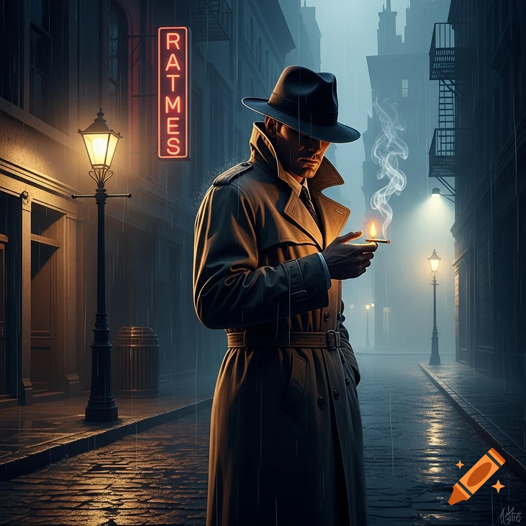 A man in a trench coat and fedora stands in a rainy, dark city alley, lighting a cigarette under a neon sign.