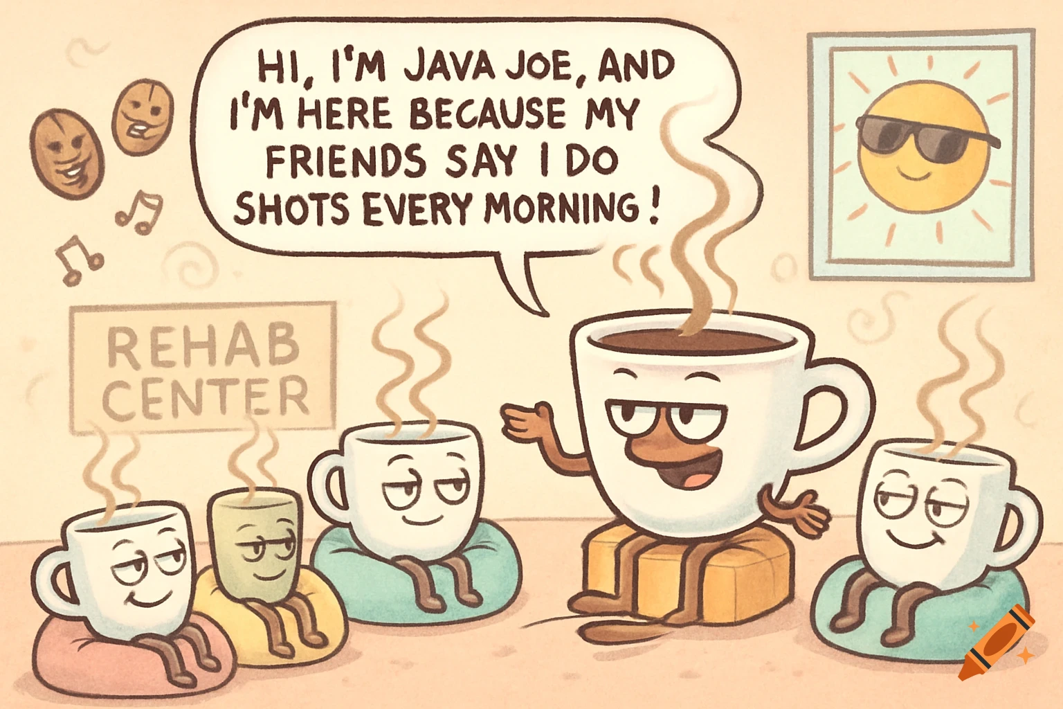 A cartoon of coffee cups in a rehab center. One cup, Java Joe, says, 'I'm here because my friends say I do shots every morning!'