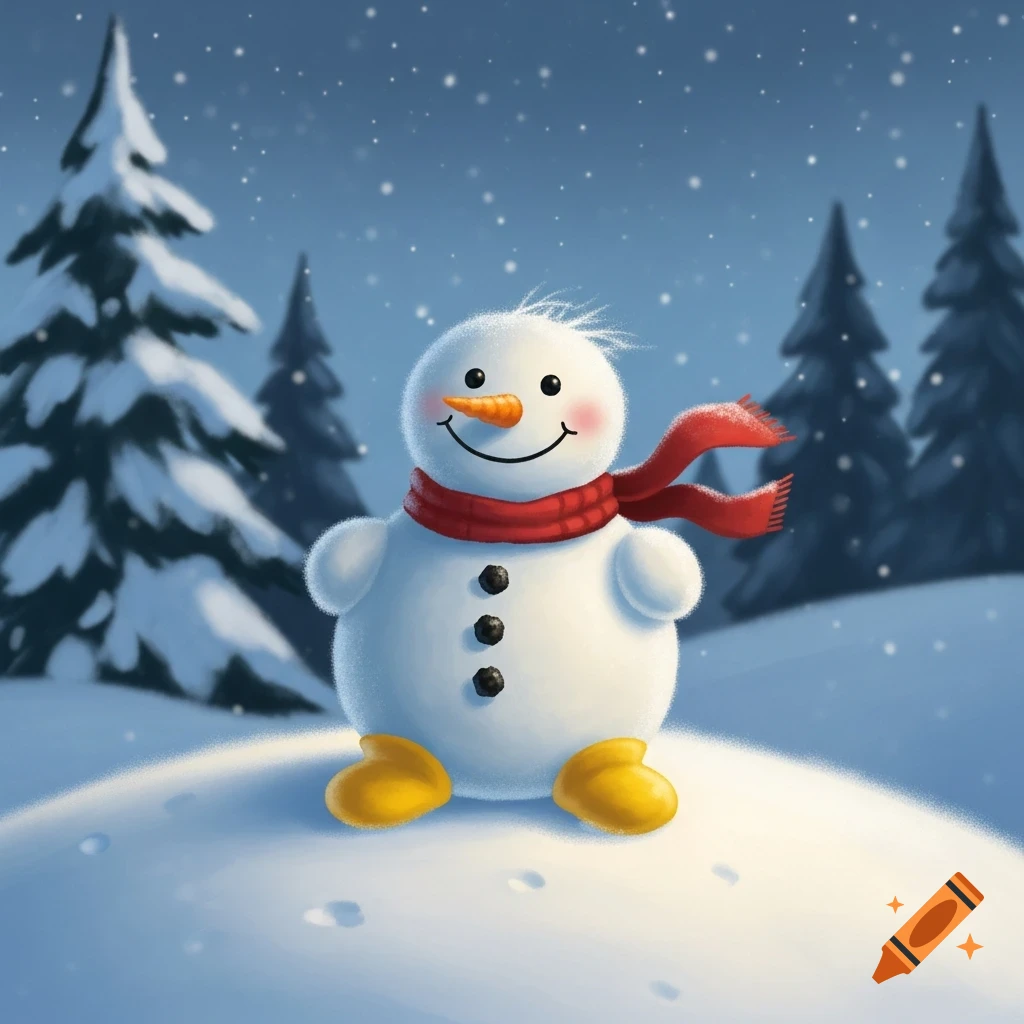A happy cartoon snowman with a red scarf and yellow feet stands on a snowy hill with falling snow and pine trees in a blue winter scene.