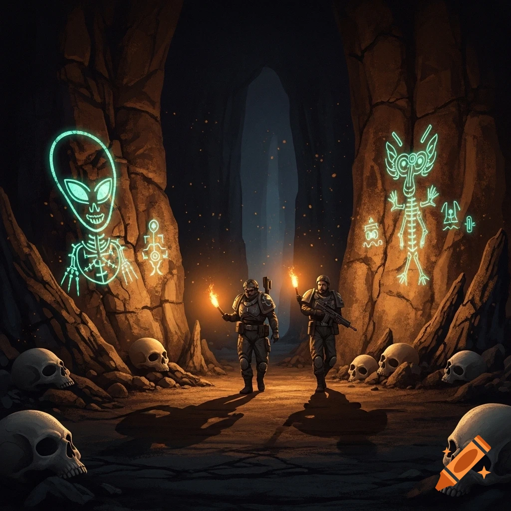 Two armored soldiers with torches explore a dark cave, observing glowing alien drawings on the rock walls and human skulls on the ground. Stylized art.