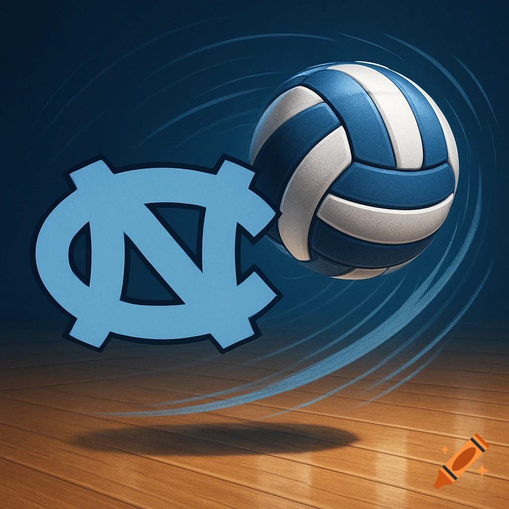 A stylized blue and white volleyball next to a light blue UNC logo, set against a dark blue background with a wooden floor.