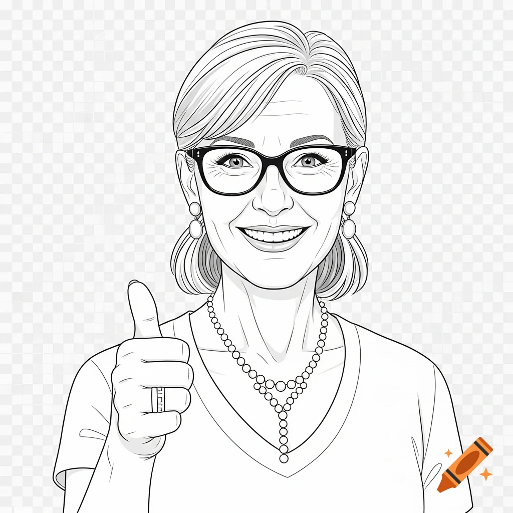 Black and white line art illustration of a smiling woman with glasses and a pearl necklace giving a thumbs up.