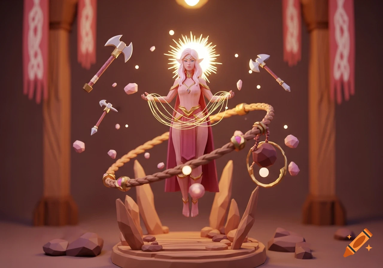 A low-poly fantasy diorama of a graceful, pink-haired elf deity levitating amidst floating axes and gemstones, with golden energy threads.