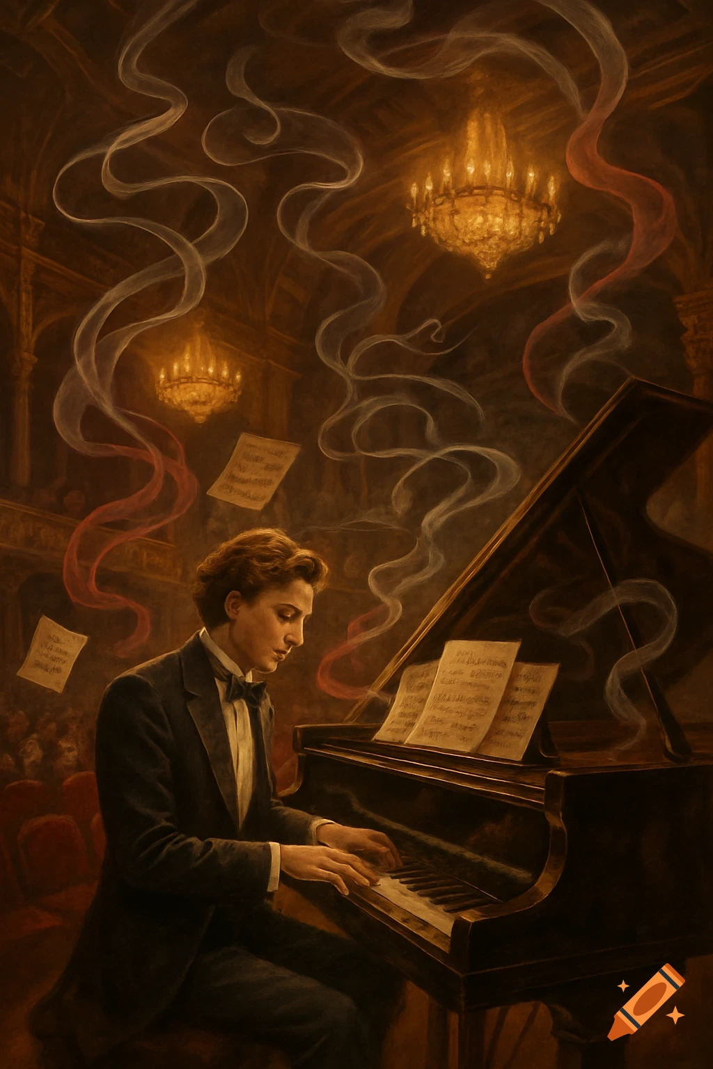A classical painting of a young man in a tuxedo playing a grand piano in an ornate hall, with glowing chandeliers and swirling ethereal wisps.