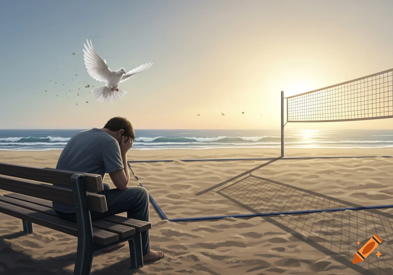 A drawing of a man sitting sadly on a bench at a beach volleyball court, with a white dove flying above him.