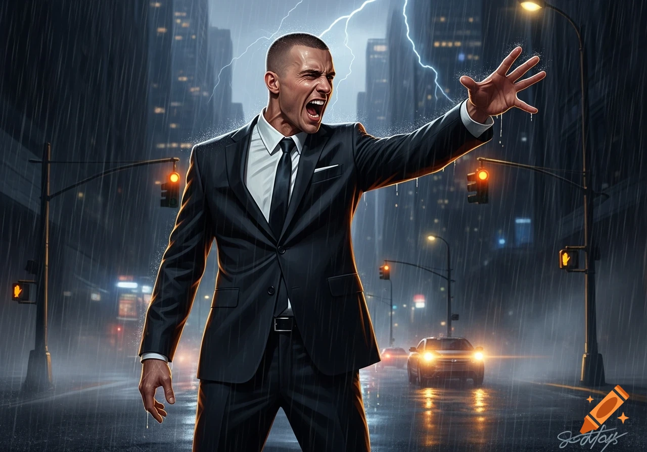 A man in a suit with a buzz cut screams and gestures in a rainy city street with lightning above.