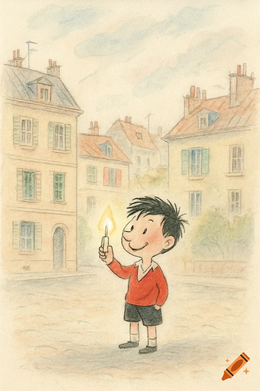 A cartoon boy smiles, holding a lit candle in a street with buildings, in a Jean-Jacques Sempé style drawing.