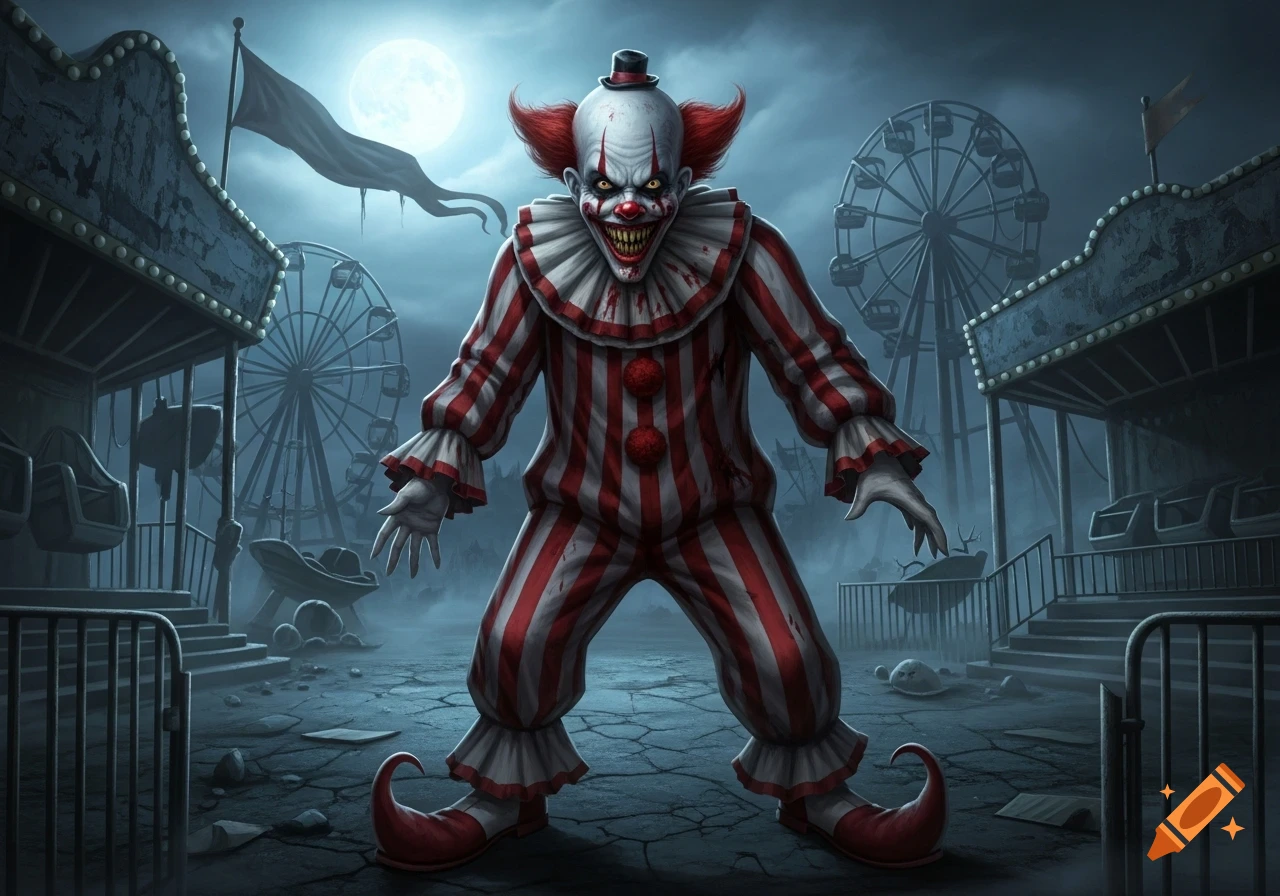 A menacing killer clown with red hair, sharp teeth, and a blood-stained suit stands in a dark, abandoned amusement park under a full moon, depicted in a dark fantasy style.