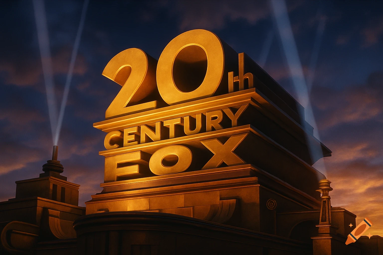The golden 20th Century Fox logo, towering over a building, illuminated by searchlights against a dramatic sunset sky.