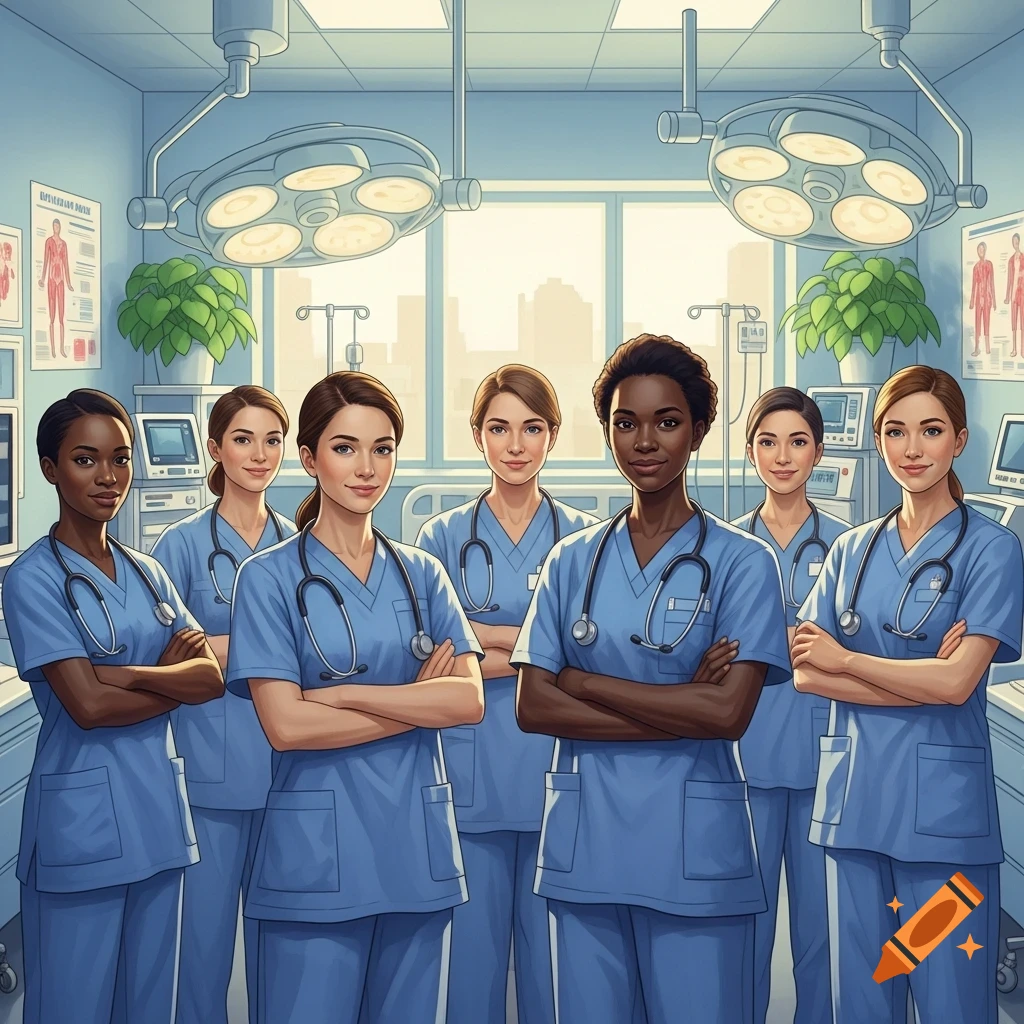 Seven diverse female nurses in blue scrubs and stethoscopes, arms ...