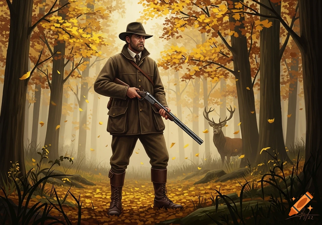 A hunter in a hat and coat stands in an autumn forest, holding a rifle, with a deer visible in the background.