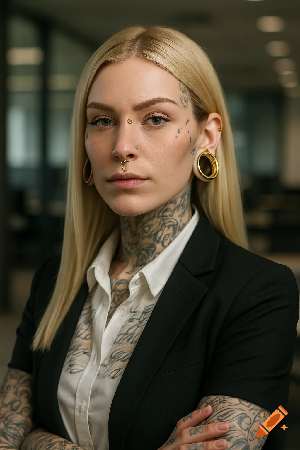 Close-up portrait of a blonde woman with extensive tattoos and numerous gold facial piercings and stretched ears, wearing a black blazer and white shirt.