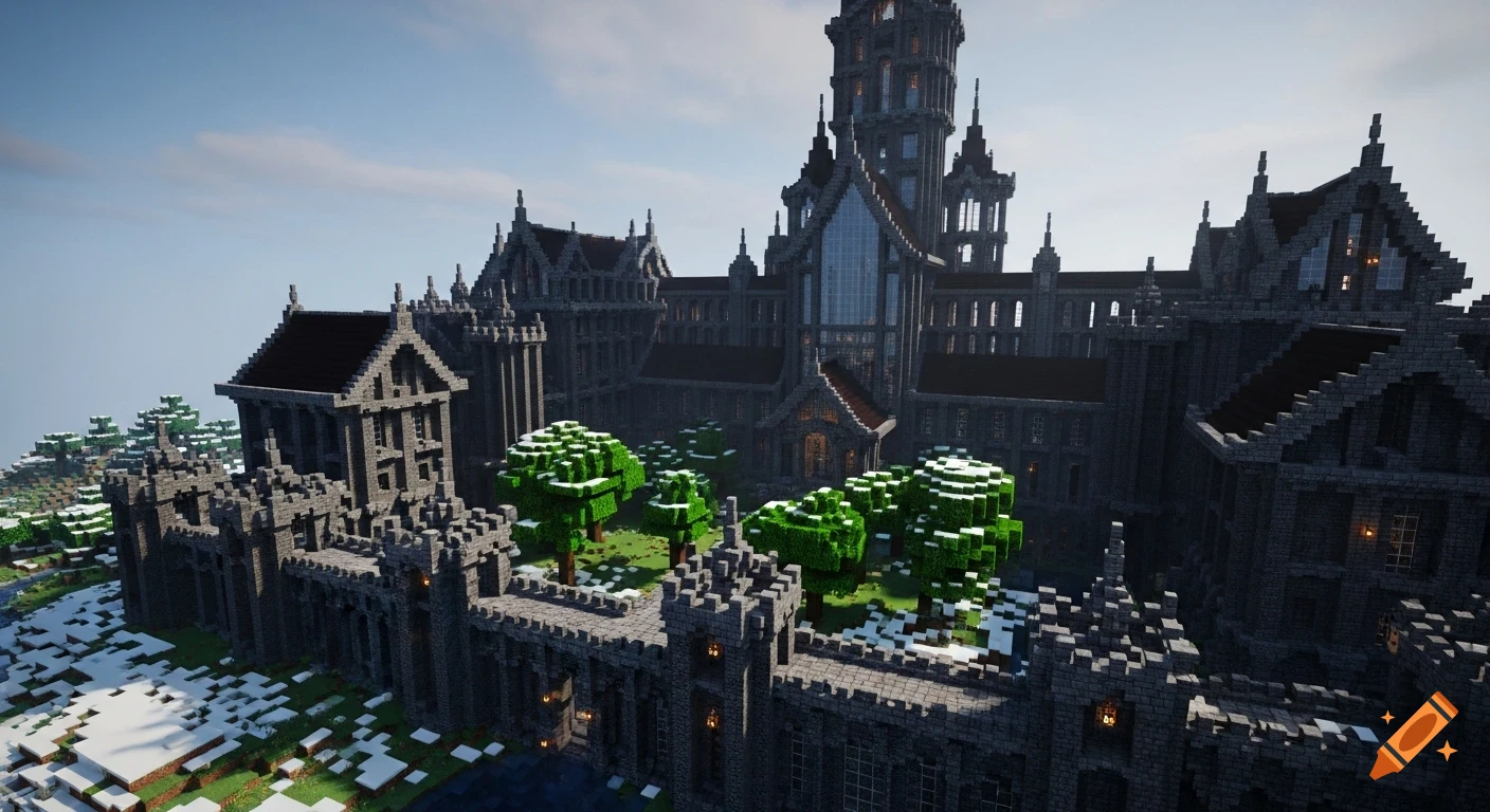 A cinematic aerial view of a massive Minecraft-style castle made of blackstone and deepslate, featuring a central tower, battlements, glass panels, trees, and snow patches.